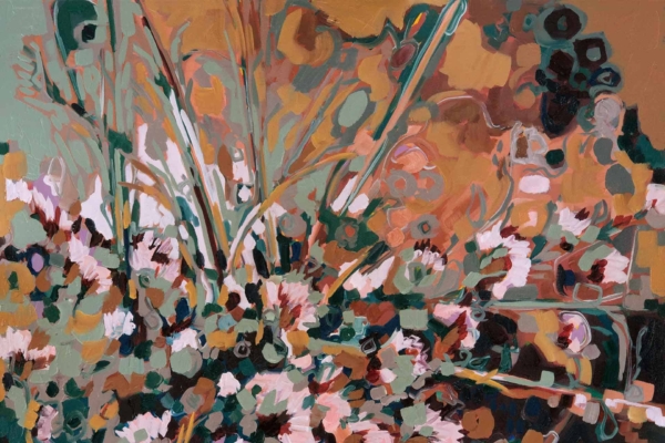 Abstract wallpaper showcasing an interplay of pink, green, and brown hues. Organic shapes resembling Helichrysum Italicum flowers and Erica vegetation are depicted with bold, expressive brushstrokes. The composition features vibrant and dynamic elements capturing the essence of nature-inspired forms.
