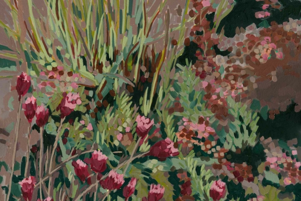 An abstract wallpaper showcasing various plants with tall, slender green stems. Clusters of red and pink blossoms add vibrancy. Textured brushstrokes create depth and movement with shades of green and brown in the background.