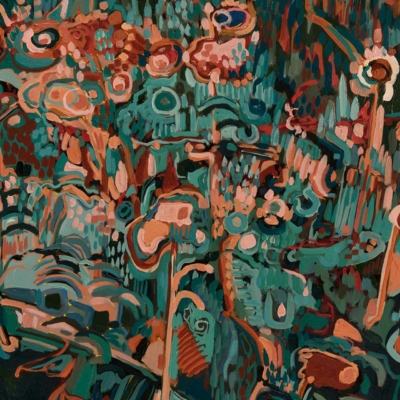 Abstract wallpaper with rich green, teal, and orange hues. Features swirling patterns and organic shapes. Dynamic brushstrokes evoke vibrant, chaotic movement. Some shapes resemble floral elements and stems. Ideal for vibrant decor needs.
