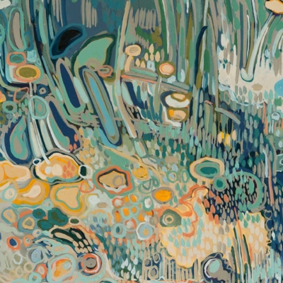 Abstract wallpaper with swirling organic shapes featuring shades of blue, green, and orange. The design includes layered patterns and textures to evoke depth and movement, resembling an underwater scene or a dense forest. The colors create a dynamic interplay that highlights the aquatic or woodland inspiration.