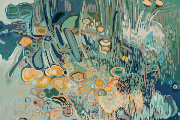 Abstract wallpaper with swirling organic shapes featuring shades of blue, green, and orange. The design includes layered patterns and textures to evoke depth and movement, resembling an underwater scene or a dense forest. The colors create a dynamic interplay that highlights the aquatic or woodland inspiration.