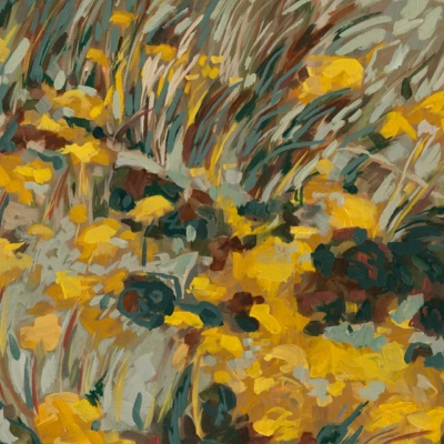 An impressionistic wallpaper features swirling brushstrokes in green, yellow, and brown, depicting a field of yellow flowers that seem to dance. The design evokes movement and natural beauty.