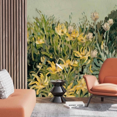 The wallpaper features lush greenery with large, vibrant yellow flowers, creating a nature-inspired backdrop.