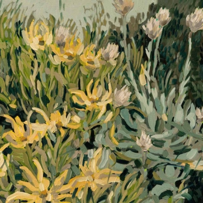 A wallpaper featuring expressive yellow and white flowers with green foliage. The background is softly muted, enhancing the vibrant textures and colors of the plants without distraction. Look for lively brushstrokes that bring a sense of movement to the floral patterns.