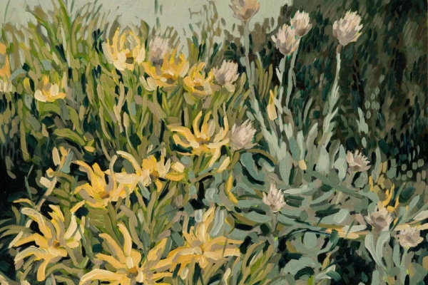 A wallpaper featuring expressive yellow and white flowers with green foliage. The background is softly muted, enhancing the vibrant textures and colors of the plants without distraction. Look for lively brushstrokes that bring a sense of movement to the floral patterns.