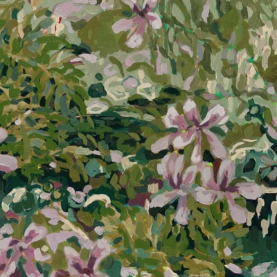 A lush abstract wallpaper featuring dense foliage in various shades of green, accented with light pink flowers with simple petal structures scattered throughout. Elements include vibrant greenery and lively natural scenes.