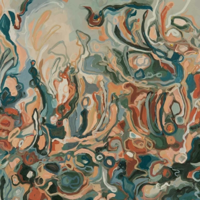 Abstract wallpaper with swirling, intertwining shapes in shades of blue, green, orange, and beige. Features fluid forms creating a dynamic, flowing composition with hints of organic and aquatic elements.