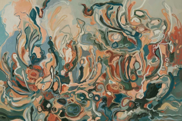 Abstract wallpaper with swirling, intertwining shapes in shades of blue, green, orange, and beige. Features fluid forms creating a dynamic, flowing composition with hints of organic and aquatic elements.
