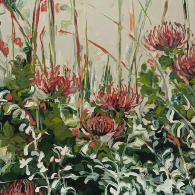 Vibrant red and pink flowers on spiky petals amidst lush green foliage. Tall slender stems rising above, blending through the floral arrangement. Movement and energy depicted in the lively wallpaper design.