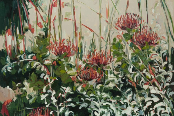 Vibrant red and pink flowers on spiky petals amidst lush green foliage. Tall slender stems rising above, blending through the floral arrangement. Movement and energy depicted in the lively wallpaper design.