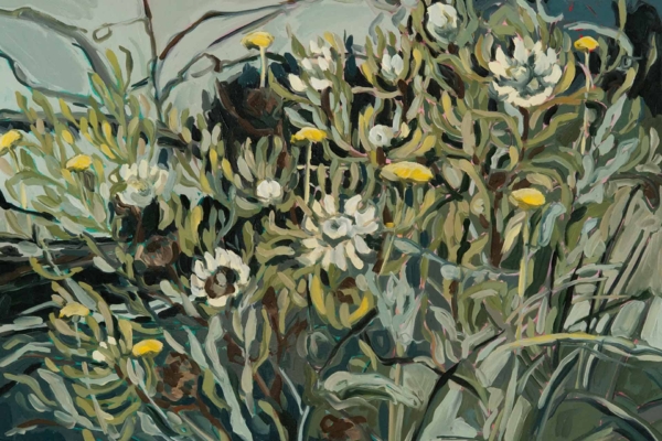 Wallpaper features dense green foliage with interspersed white and yellow flowers, all in a fluid, impressionistic style. Abstract, muted background tones highlight the greenery and blossoms. Key elements: vibrant greens, white flowers, yellow flowers, fluid brushstrokes, impressionistic design.