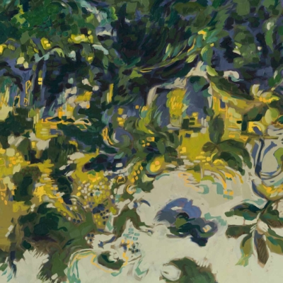 Abstract painting wallpaper features an array of greens, yellows, and blues. Swirling patterns and brushstrokes create an impressionistic depiction of a lush garden. Foliage and light interplay dynamically. Evokes nature and movement with vibrant, textured colors.