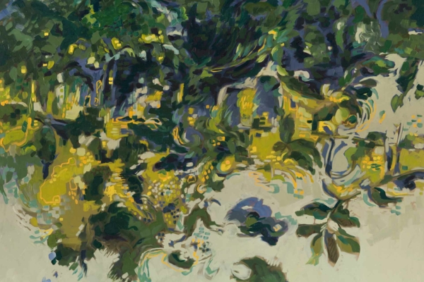 Abstract painting wallpaper features an array of greens, yellows, and blues. Swirling patterns and brushstrokes create an impressionistic depiction of a lush garden. Foliage and light interplay dynamically. Evokes nature and movement with vibrant, textured colors.