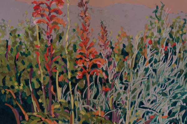 Wallpaper features:
- Lush, vibrant garden
- Tall, blooming flowers (red, orange)
- Green leafy plants and shrubs
- Soft, muted hills in backdrop
- Pastel-colored sky
Key colors:
- Warm shades: red, orange
- Green foliage
- Muted landscape tones
- Pastel sky hues