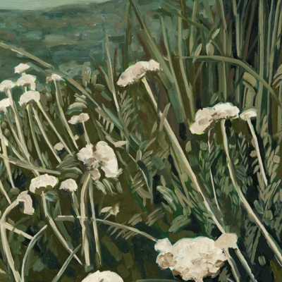 A detailed painting of white flowers with tall stems amidst lush green foliage. The background is a blurry landscape in various shades of green, hinting at hills or vegetation. Flowers and leaves feature visible brushstrokes, adding texture. Elements: white flowers, tall stems, lush green foliage, blurry landscape background, shades of green.