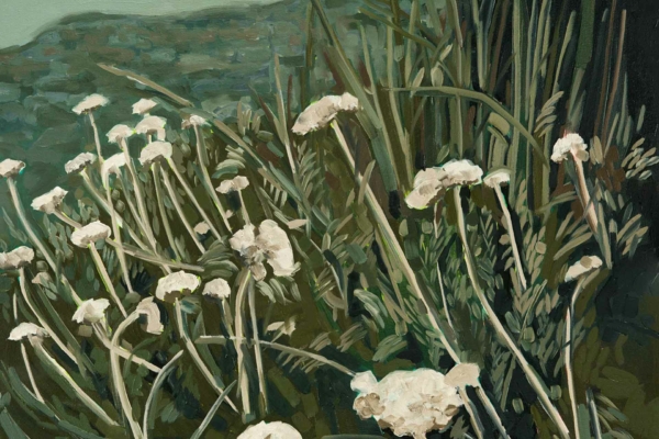 A detailed painting of white flowers with tall stems amidst lush green foliage. The background is a blurry landscape in various shades of green, hinting at hills or vegetation. Flowers and leaves feature visible brushstrokes, adding texture. Elements: white flowers, tall stems, lush green foliage, blurry landscape background, shades of green.
