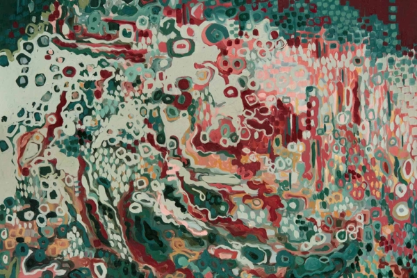 Abstract wallpaper with a vibrant mix of red, green, and white hues in organic shapes and fluid patterns. Features dynamic texture with scattered hexagonal and circular elements.