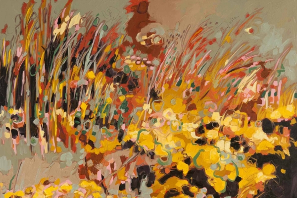 Abstract painting wallpaper with bold, vibrant colors. Features dominant swirls of yellow, orange, red, and black in the foreground. Background includes soft hues of green and blue. Textured design reminiscent of Helichrysum blooms in a field of wildflowers.