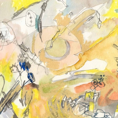 The wallpaper showcases an abstract painting bursting with vibrant yellows, blues, and oranges. It features a dynamic composition of overlapping lines, indistinct shapes, and energetic scribbles. Splashes of color amplify the sense of movement and energy throughout the design.