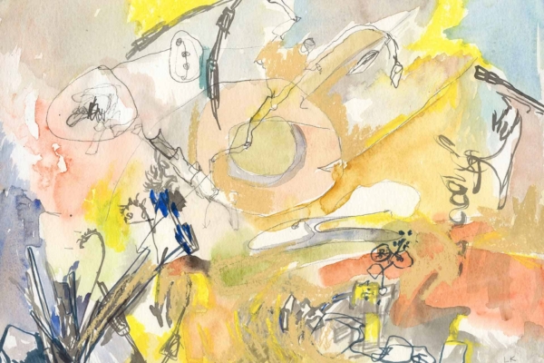 The wallpaper showcases an abstract painting bursting with vibrant yellows, blues, and oranges. It features a dynamic composition of overlapping lines, indistinct shapes, and energetic scribbles. Splashes of color amplify the sense of movement and energy throughout the design.