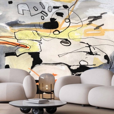 Abstract mural, splashes of black, gray, orange, yellow.