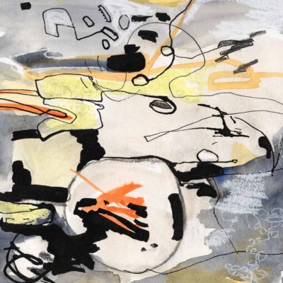 Abstract wallpaper featuring a chaotic mix of black, white, yellow, and gray brushstrokes and lines. Bold, irregular shapes and patterns scattered throughout, creating a dynamic and energetic visual composition.