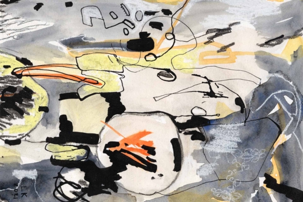 Abstract wallpaper featuring a chaotic mix of black, white, yellow, and gray brushstrokes and lines. Bold, irregular shapes and patterns scattered throughout, creating a dynamic and energetic visual composition.