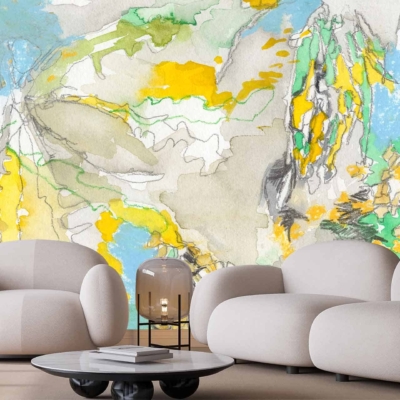 Large, colorful abstract mural featuring shades of green, yellow, blue, and grey.