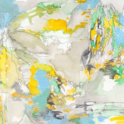 Abstract watercolor wallpaper with soft, fluid shapes in light blue, yellow, green, and grey. Hints of orange and white create dynamic flow, resembling an organic, nature-inspired scene.