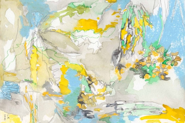 Abstract watercolor wallpaper with soft, fluid shapes in light blue, yellow, green, and grey. Hints of orange and white create dynamic flow, resembling an organic, nature-inspired scene.