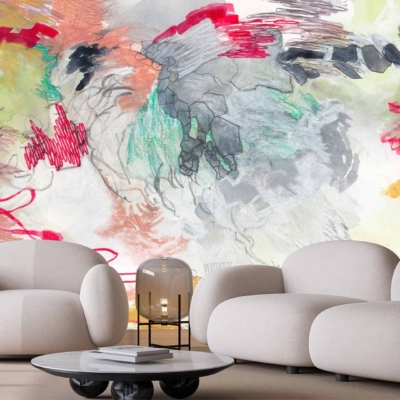 Contemporary living room featuring an abstract, vibrant wall mural showcasing splashes of red, orange, green, yellow, and grey.