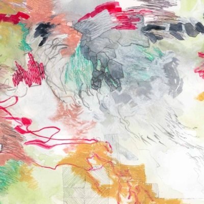 Abstract wallpaper featuring a dynamic blend of vibrant colors—red, orange, gray, green, and yellow. The composition is characterized by energetic brushstrokes, spontaneous scribbles, and flowing shapes, evoking motion and vitality.