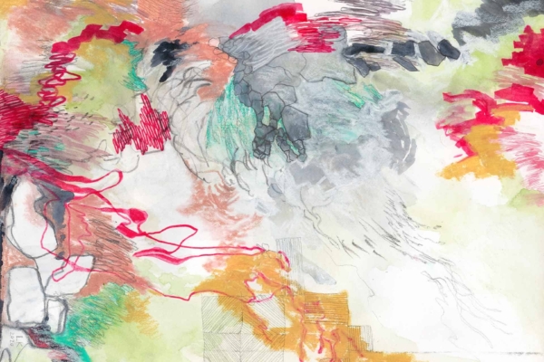Abstract wallpaper featuring a dynamic blend of vibrant colors—red, orange, gray, green, and yellow. The composition is characterized by energetic brushstrokes, spontaneous scribbles, and flowing shapes, evoking motion and vitality.