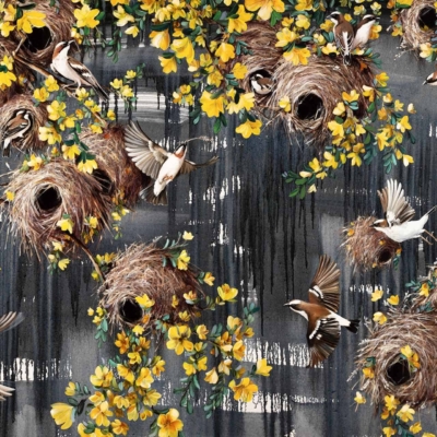 Wallpaper features multiple birds in flight, woven nests, dark textured backdrop, adorned with yellow flowers and green leaves. Vibrant scene with detailed feathers and delicate petals reflecting a lively natural habitat.