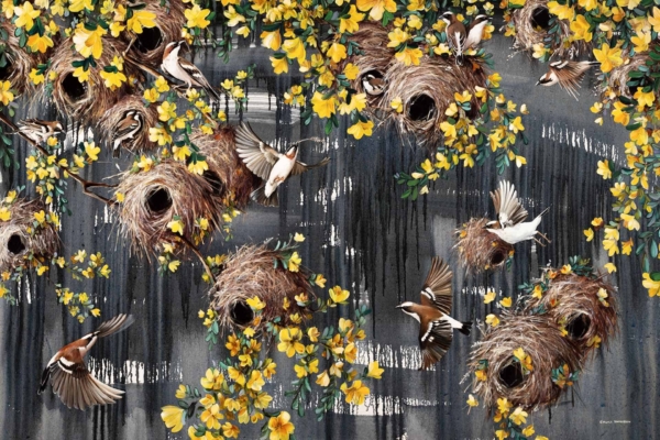 Wallpaper features multiple birds in flight, woven nests, dark textured backdrop, adorned with yellow flowers and green leaves. Vibrant scene with detailed feathers and delicate petals reflecting a lively natural habitat.