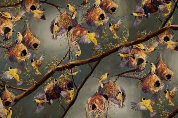 A vibrant wallpaper features numerous yellow birds perched on and flying around rustic, hanging nests. Birds are depicted in various states of flight and rest against a muted green background with intertwined branches. Key elements: yellow birds, rustic nests, flight and rest poses, muted green background, intertwined branches.