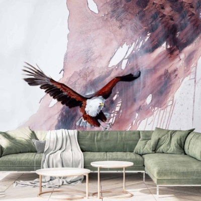 Striking mural wallpaper features an eagle soaring against an abstract, textured background in shades of pink and brown.
