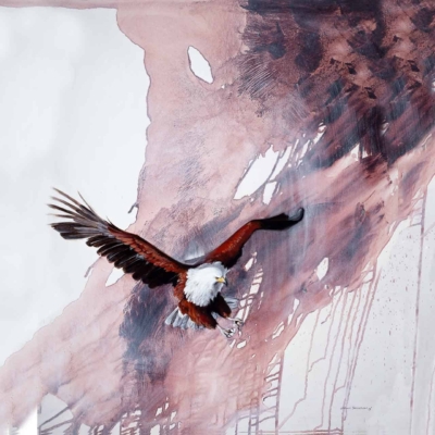 Abstract watercolor wallpaper featuring shades of brown, white, and pink. Fluid and textural backdrop with colors blending seamlessly. Deep contrasts highlighting detailed feathers of a soaring bald eagle with outstretched wings.