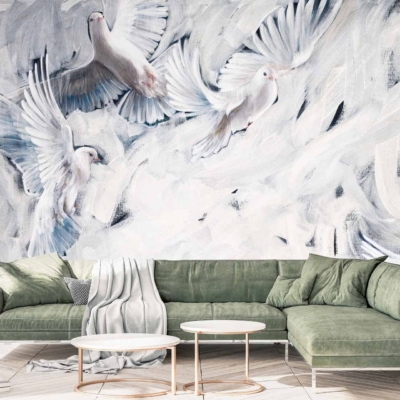 A large mural of white doves in flight with soft, abstract strokes. Features elements of white and shades of gray creating a serene feel. Key elements: White doves, abstract strokes, soft tones.