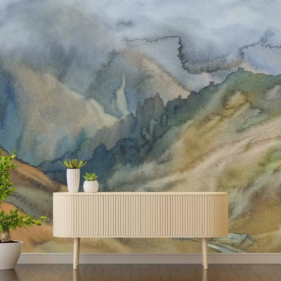 Large watercolor mural, mountainous landscape, shades of blue, green, and brown.