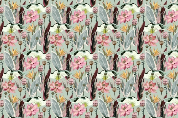 A detailed botanical pattern by Annie Woo features illustrations of various elements. The wallpaper showcases pink flowers, yellow blossoms, and green foliage against a light green background. The design is arranged in a repeating, seamless manner.