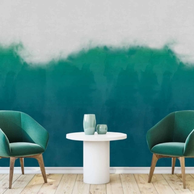Teal and white gradient wall creating a calm, stylish ambiance.