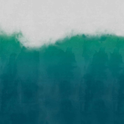 Minimalist watercolor wallpaper featuring shades of green transitioning into dark blue at the bottom, blending into a light grey sky at the top. Brushstrokes create a foggy, serene atmosphere reminiscent of a misty landscape or underwater scene. Elements: green, dark blue, light grey, foggy brushstrokes. Keywords: minimalist watercolor wallpaper, green to dark blue transition, light grey sky, foggy landscape painting.