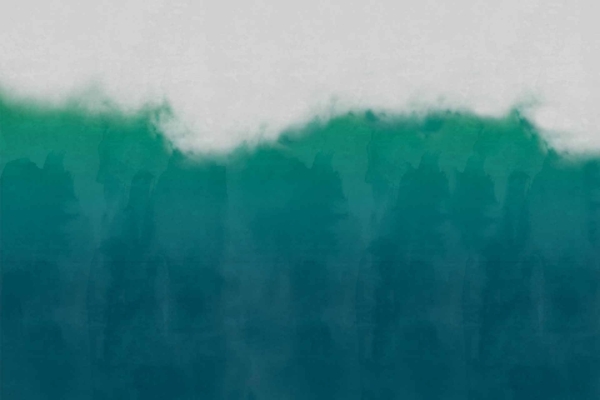 Minimalist watercolor wallpaper featuring shades of green transitioning into dark blue at the bottom, blending into a light grey sky at the top. Brushstrokes create a foggy, serene atmosphere reminiscent of a misty landscape or underwater scene. Elements: green, dark blue, light grey, foggy brushstrokes. Keywords: minimalist watercolor wallpaper, green to dark blue transition, light grey sky, foggy landscape painting.
