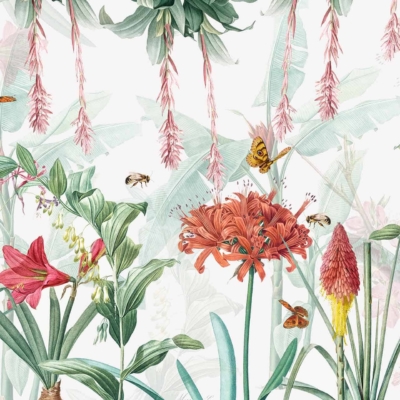 Vividly colored flowers, hanging pink floral strings, surrounded by green leaves. Butterflies, bees, and small birds among the plants. Lively nature scene bursting with pride. Faint leafy patterns in background. Elements: bright flowers, pink string-like blooms, green foliage, butterflies, bees, small birds. Colors: vibrant multicolors for flora and fauna; shades of green; soft pastel leaf patterns.