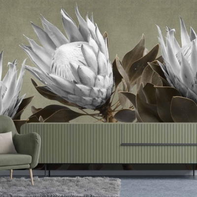 The wallpaper features a large mural of three white protea flowers on a muted green background. Elements include white protea flowers and a muted green wall.