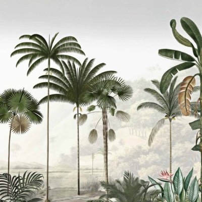 The wallpaper illustration showcases a tropical landscape bursting with life and color. The scene includes:
- Various types of palm trees swaying gently.
- Lush greenery spreading across the ground.
- Majestic mountains shrouded in misty clouds in the background, adding depth.
- Exotic plants interspersed, enhancing the wilderness feel.
- Vibrant flowers in hues of red, yellow, purple, and pink dotting the landscape.
- Tropical foliage with large leaves and intricate patterns painted in rich greens.
Each element blends harmoniously, capturing an exotic paradise reminiscent of