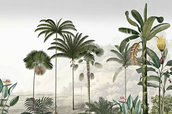 The wallpaper illustration showcases a tropical landscape bursting with life and color. The scene includes:

- Various types of palm trees swaying gently.
- Lush greenery spreading across the ground.
- Majestic mountains shrouded in misty clouds in the background, adding depth.
- Exotic plants interspersed, enhancing the wilderness feel.
- Vibrant flowers in hues of red, yellow, purple, and pink dotting the landscape.
- Tropical foliage with large leaves and intricate patterns painted in rich greens.

Each element blends harmoniously, capturing an exotic paradise reminiscent of "Catch Me If You Can.