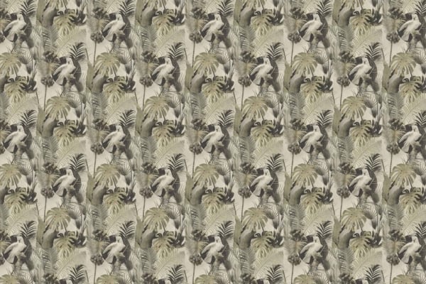 Wallpaper featuring a repeating pattern of tropical birds with prominent crests perched on lush, leafy branches. Dense foliage backdrop in shades of green and brown with muted hues, dotted with delicate ferns. Vintage botanical feel, perfect for an exotic cocktail lounge ambiance.