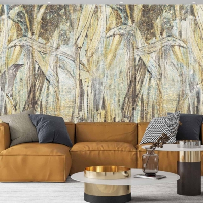Abstract, golden reeds wallpaper; colors: gold, beige, light brown.
